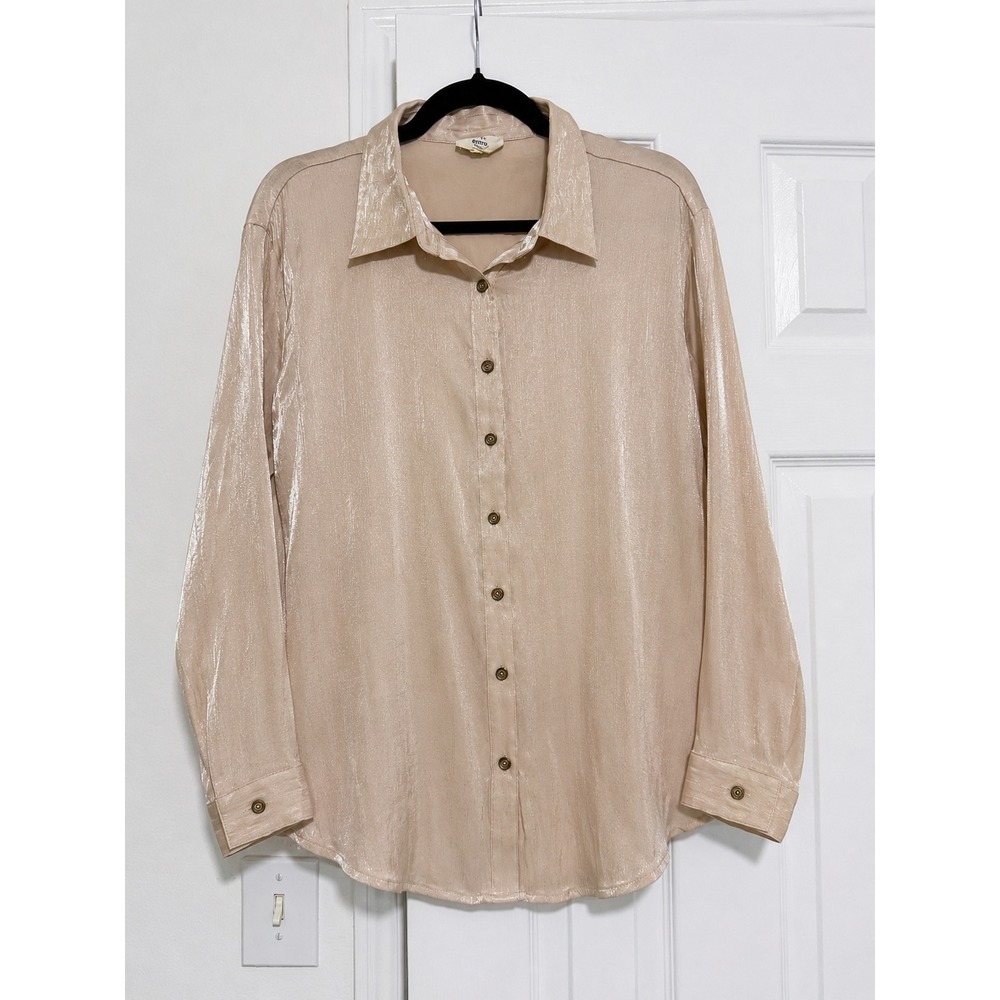 Entro Metallic Shimmer Button Down Blouse Champagne Oversized Top Small S